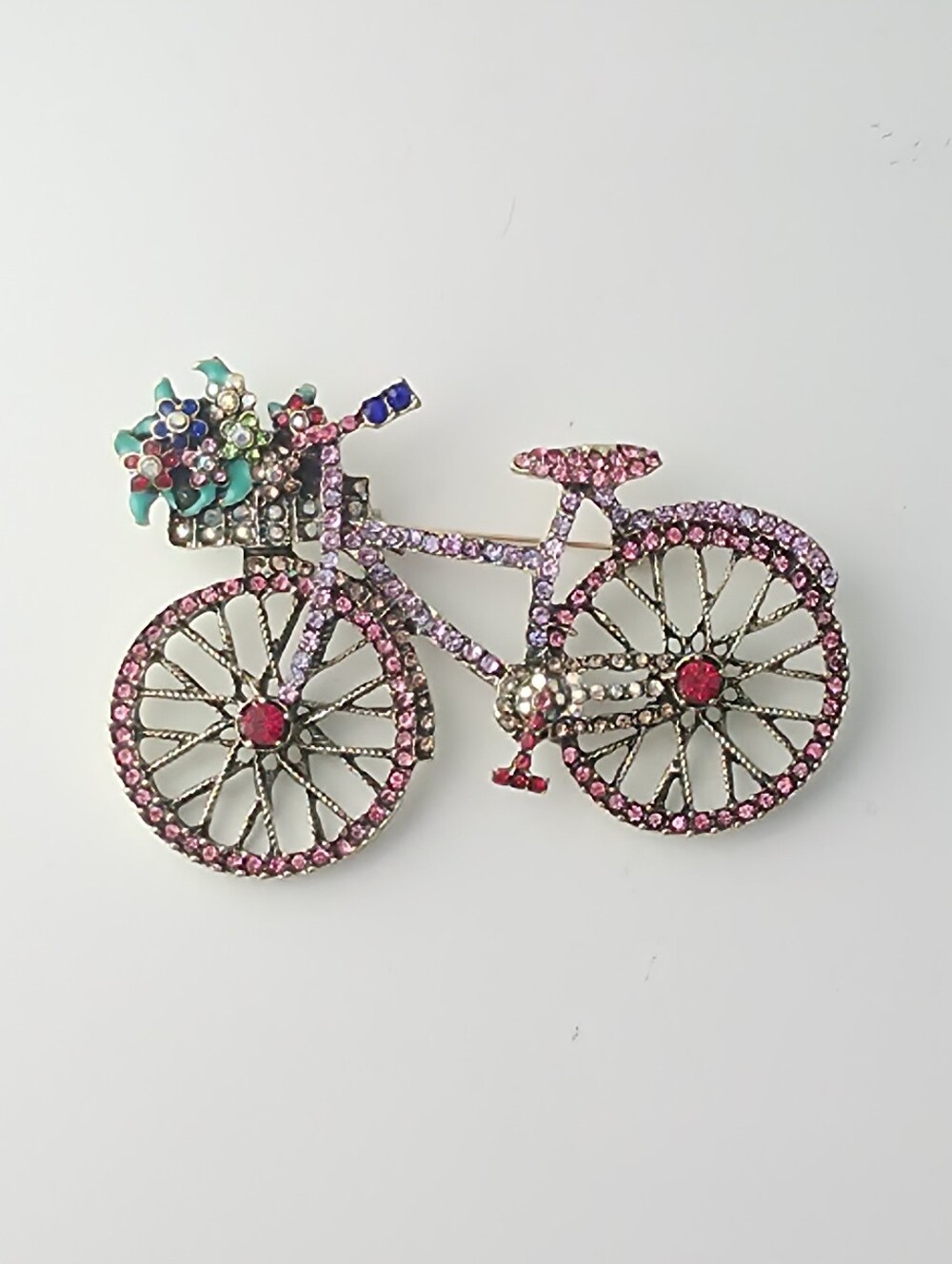 Vintage Style Pink Crystal Bicycle Flower Basket Brooch Pin